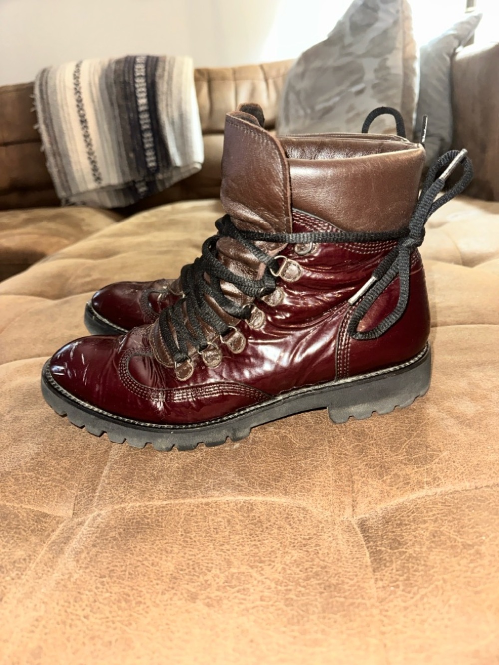 Imported German Leather Women’s Burgundy Patent Leather Lace-Up Heeled Boots